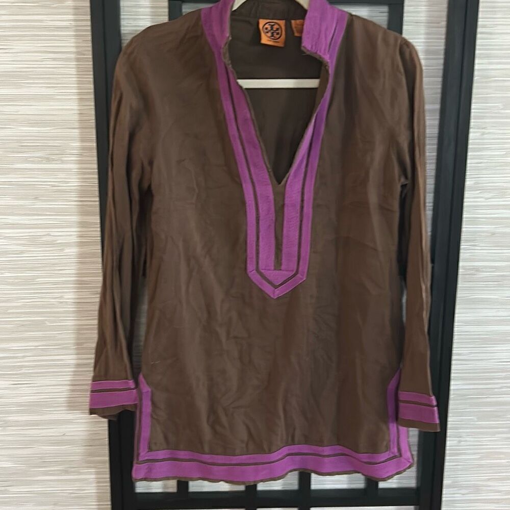 Tory Burch brown and purple lightweight cotton tunic top size 6